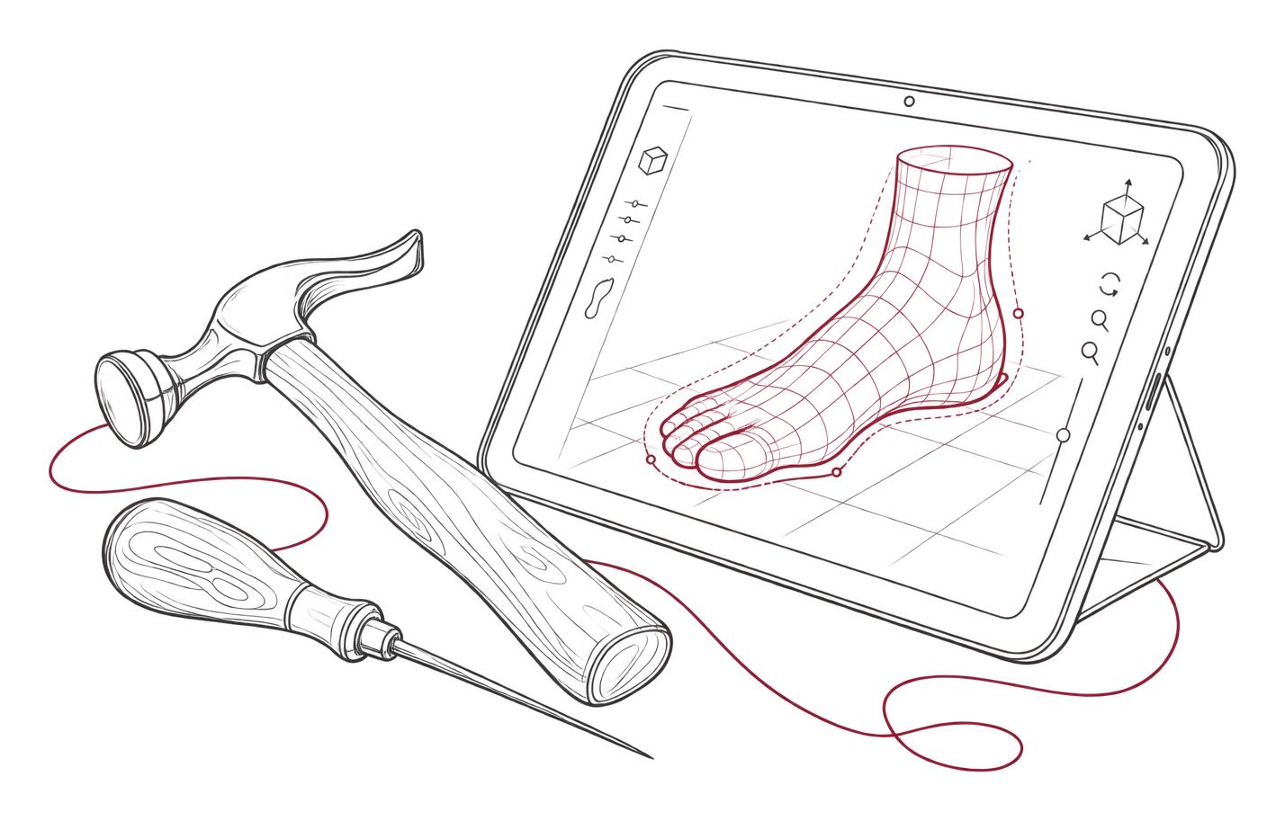 Zeichnung: alte Ahle und Hammer neben einem Tablet mit 3D-Fußmodell